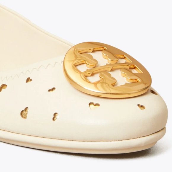 TORY BURCH MINNIE HEART CUTOUT LEATHER BALLET FLATS SZ 6.5 CREAM GOLD - Picture 10 of 10